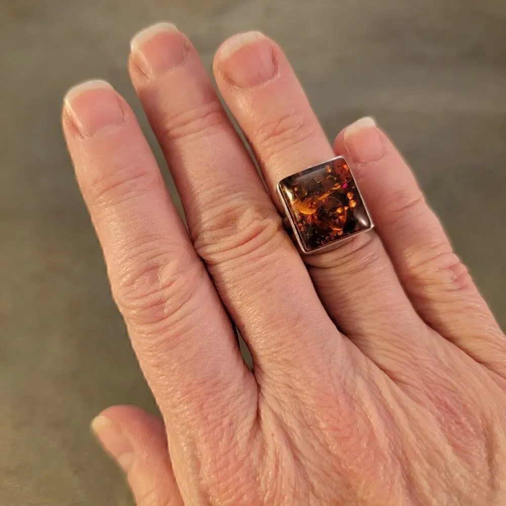 Vintage Sterling Baltic Amber Cab Rectangle Statement Ring Sz 6